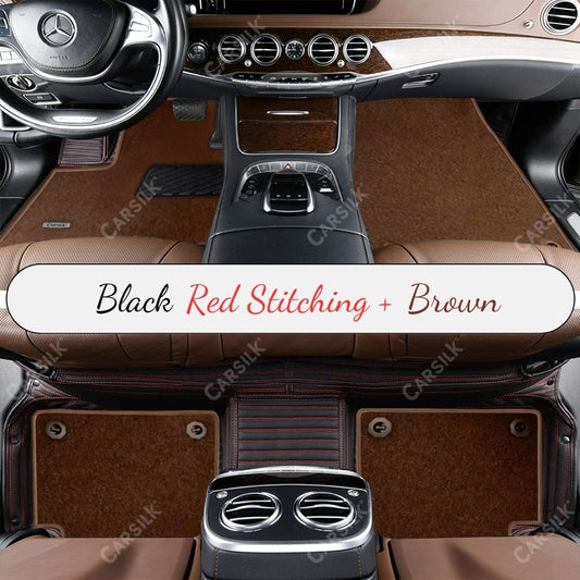 BLACK & RED STITCHING STRIPE BASE WITH BROWN TOP CARPET DOUBLE LAYER CAR MAT SET - Carsilks 